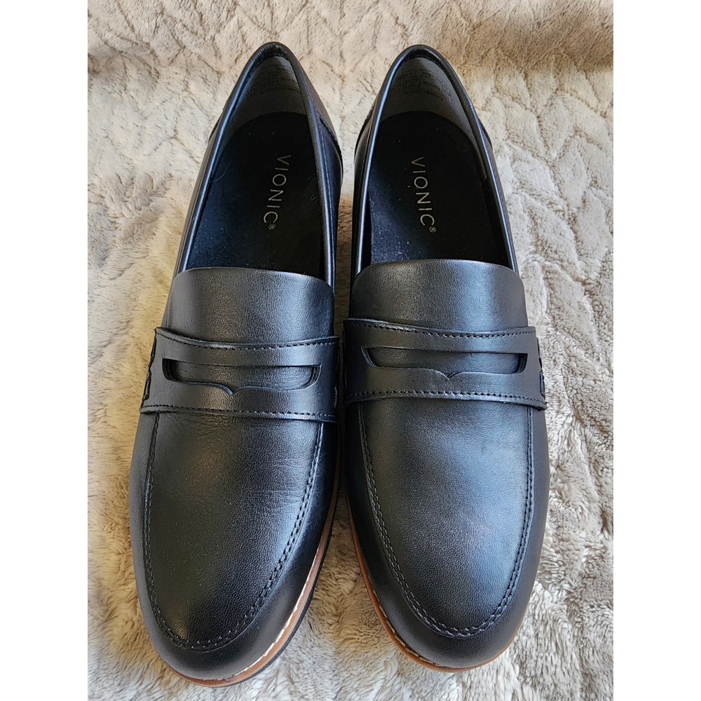 Vionic Cheryl II Black Leather Lug Sole Penny Loafers Womens 8 Orthotic Support